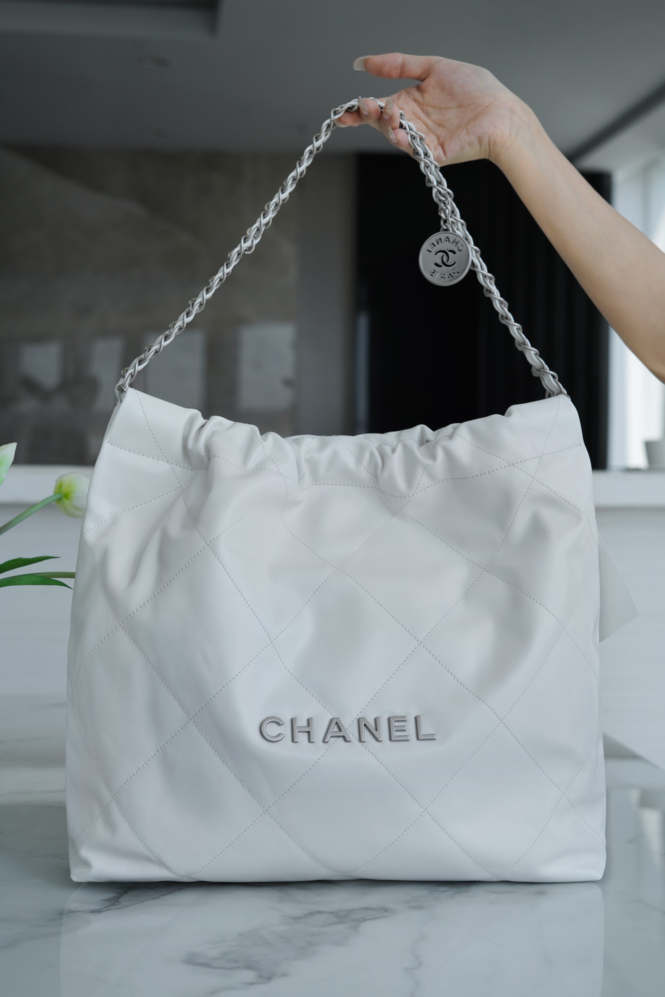 Chanel 22P Bag, White with Silver Hardware, Medium Size  