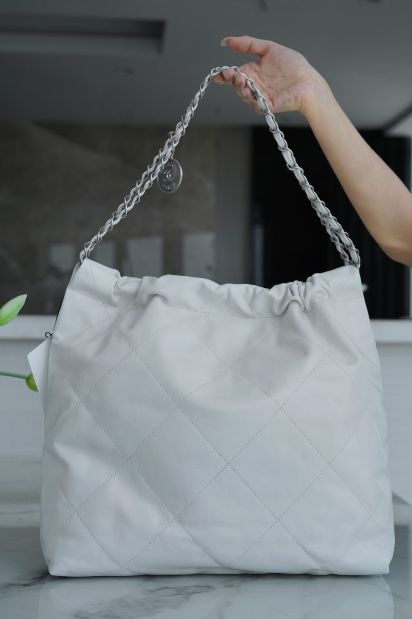 Chanel 22P Bag, White with Silver Hardware, Medium Size  