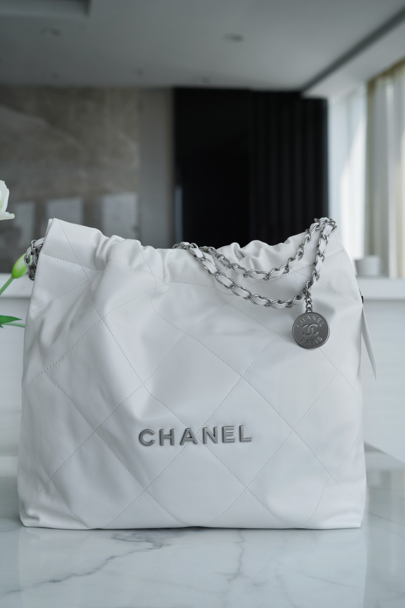 Chanel 22P Bag, White with Silver Hardware, Medium Size  