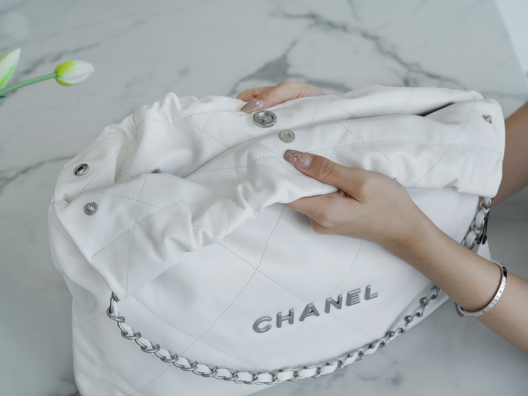 Chanel 22P Bag, White with Silver Hardware, Medium Size  