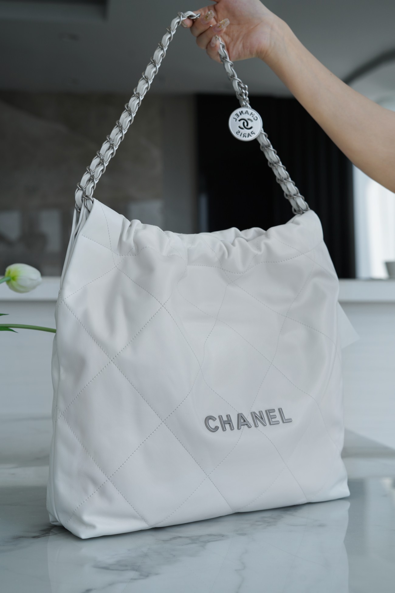 Chanel 22P Bag, White with Silver Hardware, Medium Size  