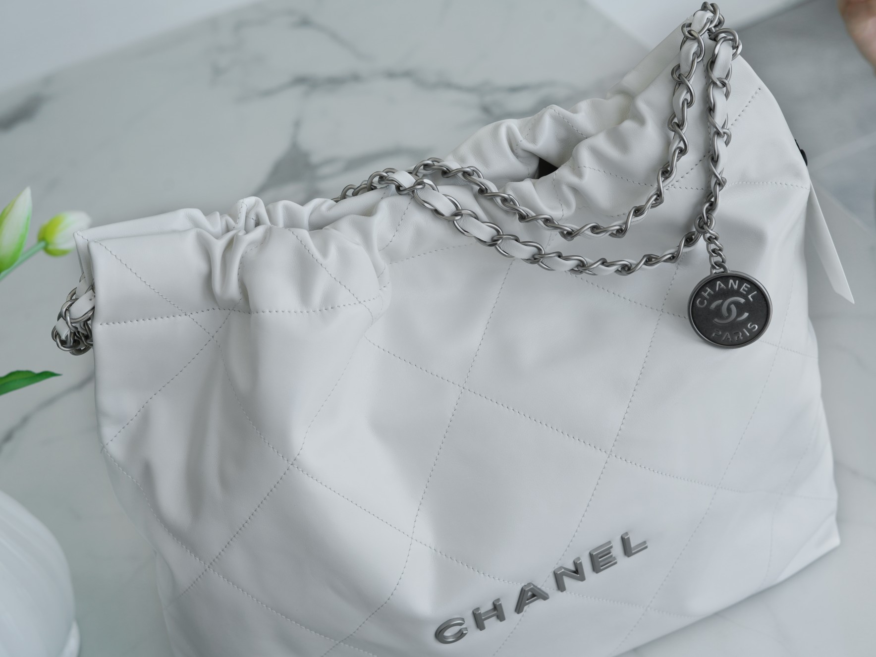 Chanel 22P Bag, White with Silver Hardware, Medium Size  