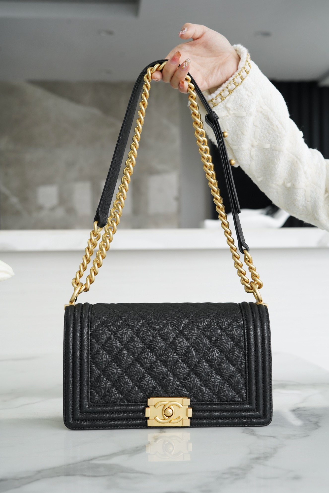 Chanel Leboy Small Ball Pattern, Black with Gold Hardware, Medium Size, Caviar Leather  