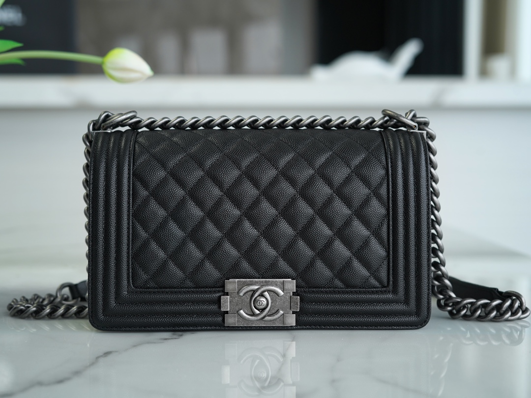 Chanel Leboy Small Ball Pattern, Black with Silver Hardware, Medium Size, Caviar Leather