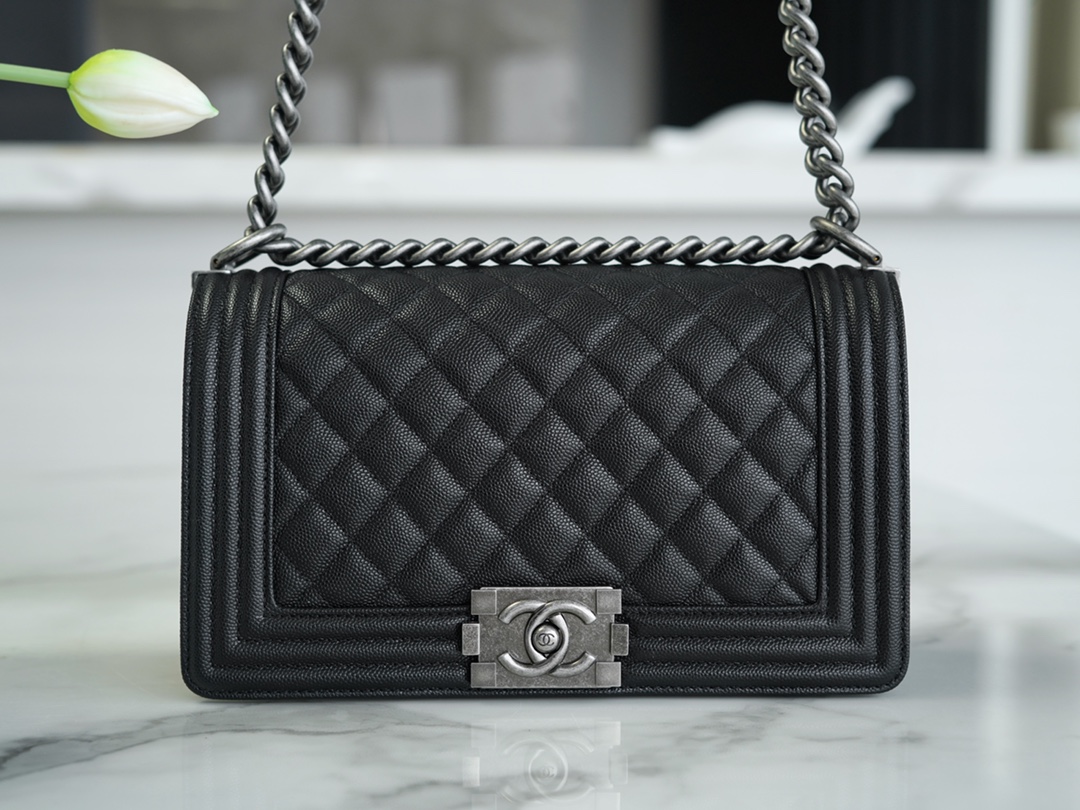 Chanel Leboy Small Ball Pattern, Black with Silver Hardware, Medium Size, Caviar Leather