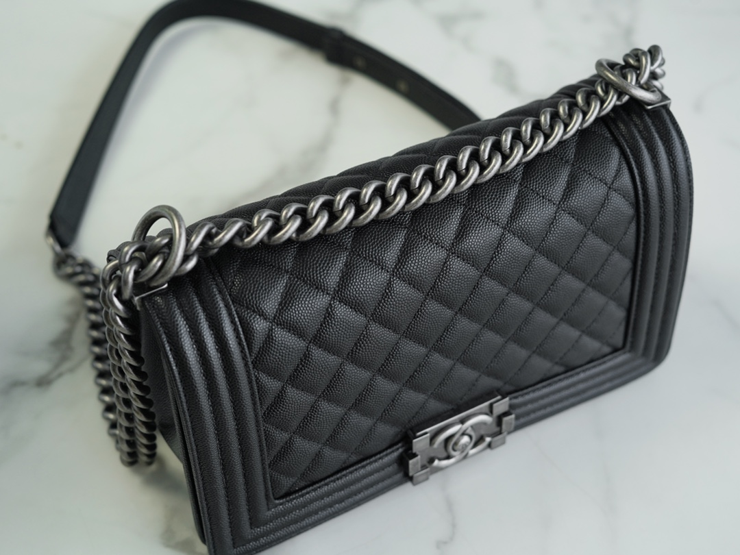 Chanel Leboy Small Ball Pattern, Black with Silver Hardware, Medium Size, Caviar Leather