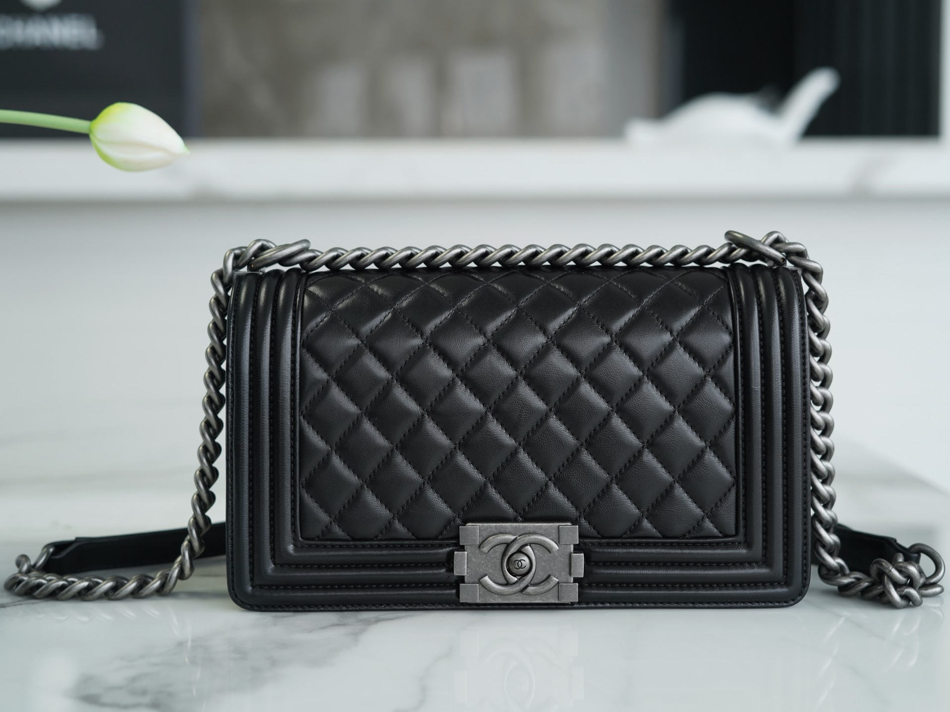 Chanel Leboy Medium Size, Black with Silver Hardware, Lambskin  