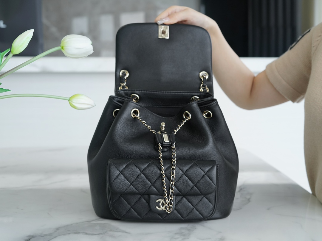 Chanel 23C Duma Backpack, Large Size, Black, Calfskin  