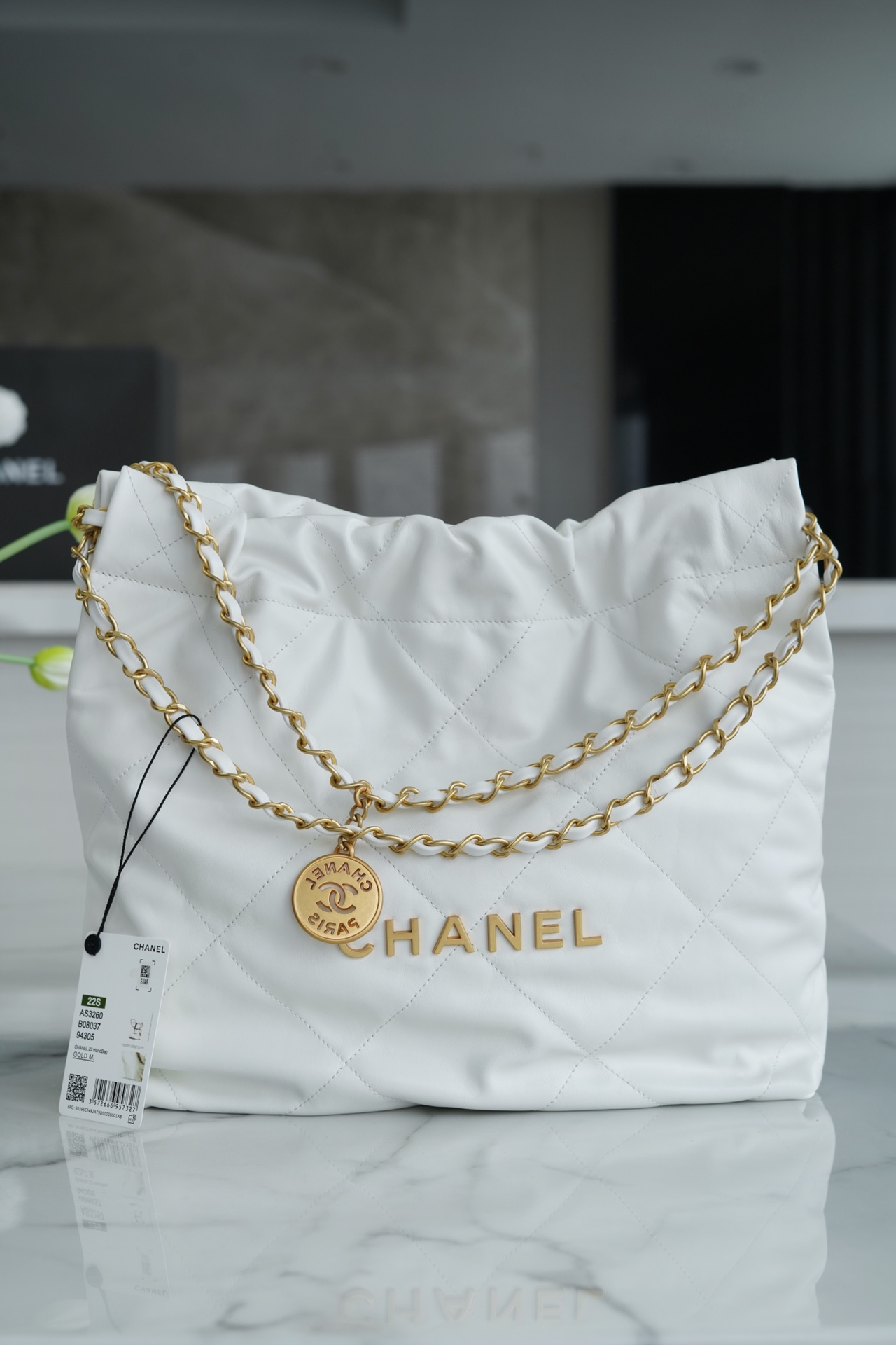 Chanel 22P Handbag, Small Size, White with Gold Hardware, Leather  