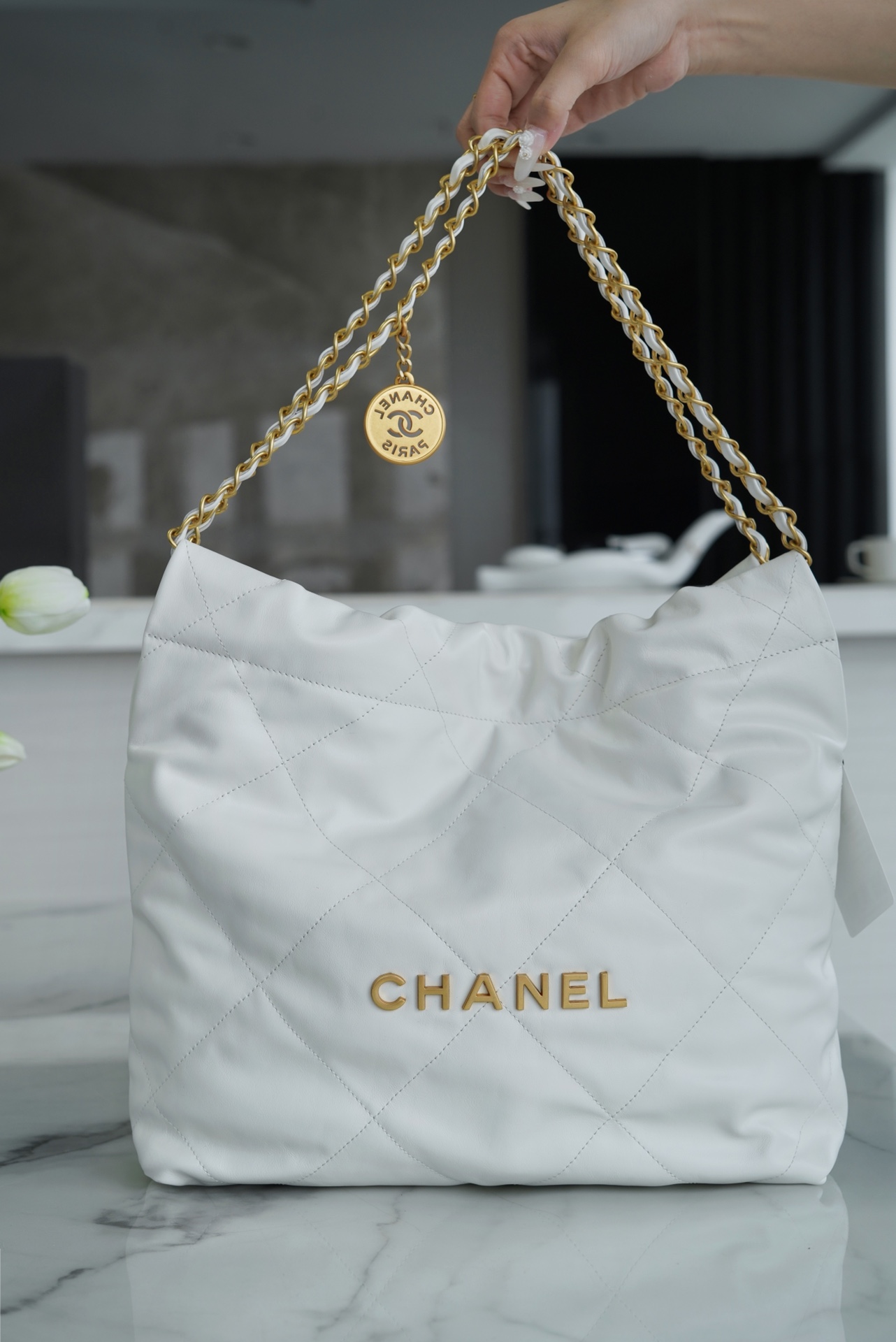 Chanel 22P Handbag, Small Size, White with Gold Hardware, Leather  