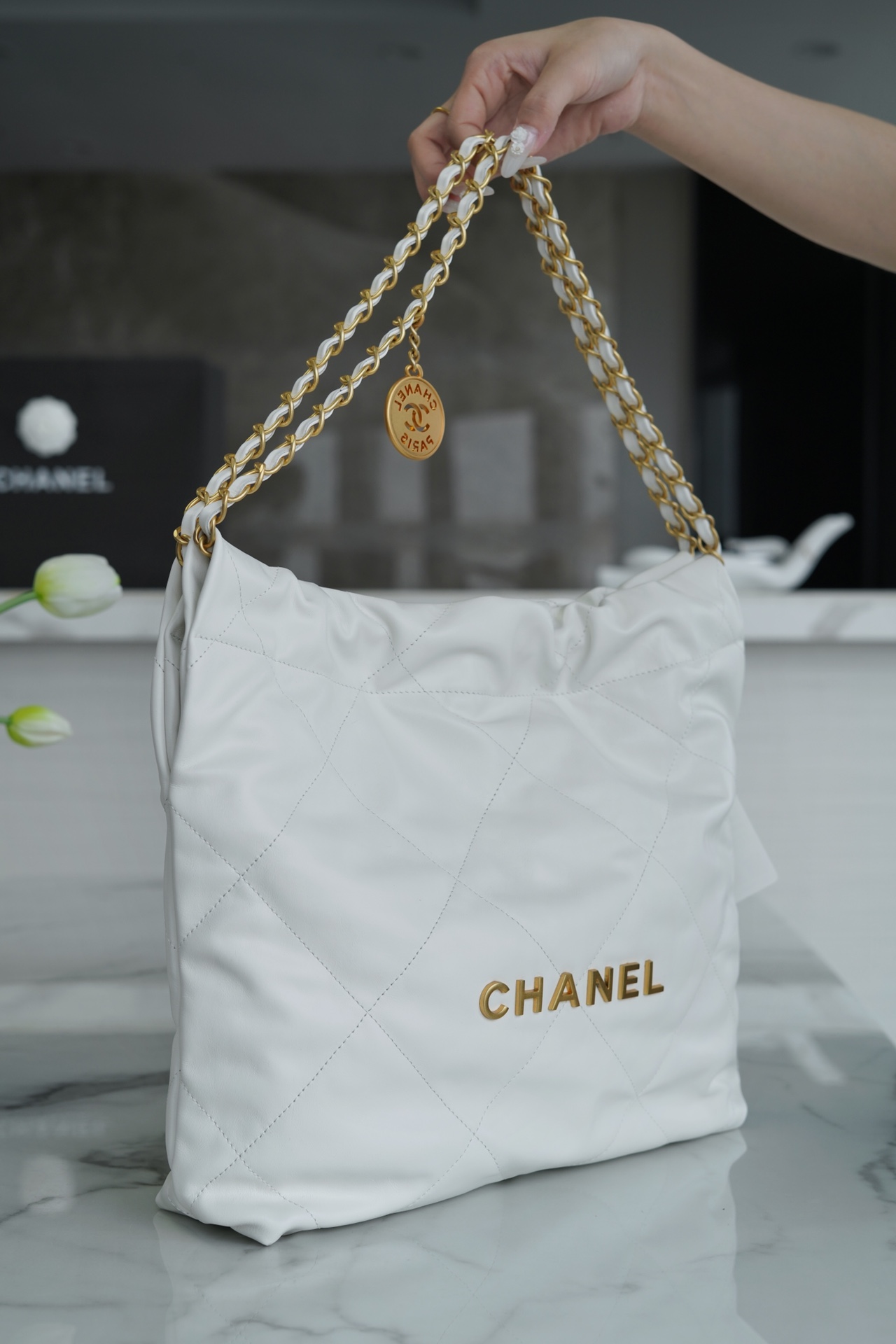 Chanel 22P Handbag, Small Size, White with Gold Hardware, Leather  