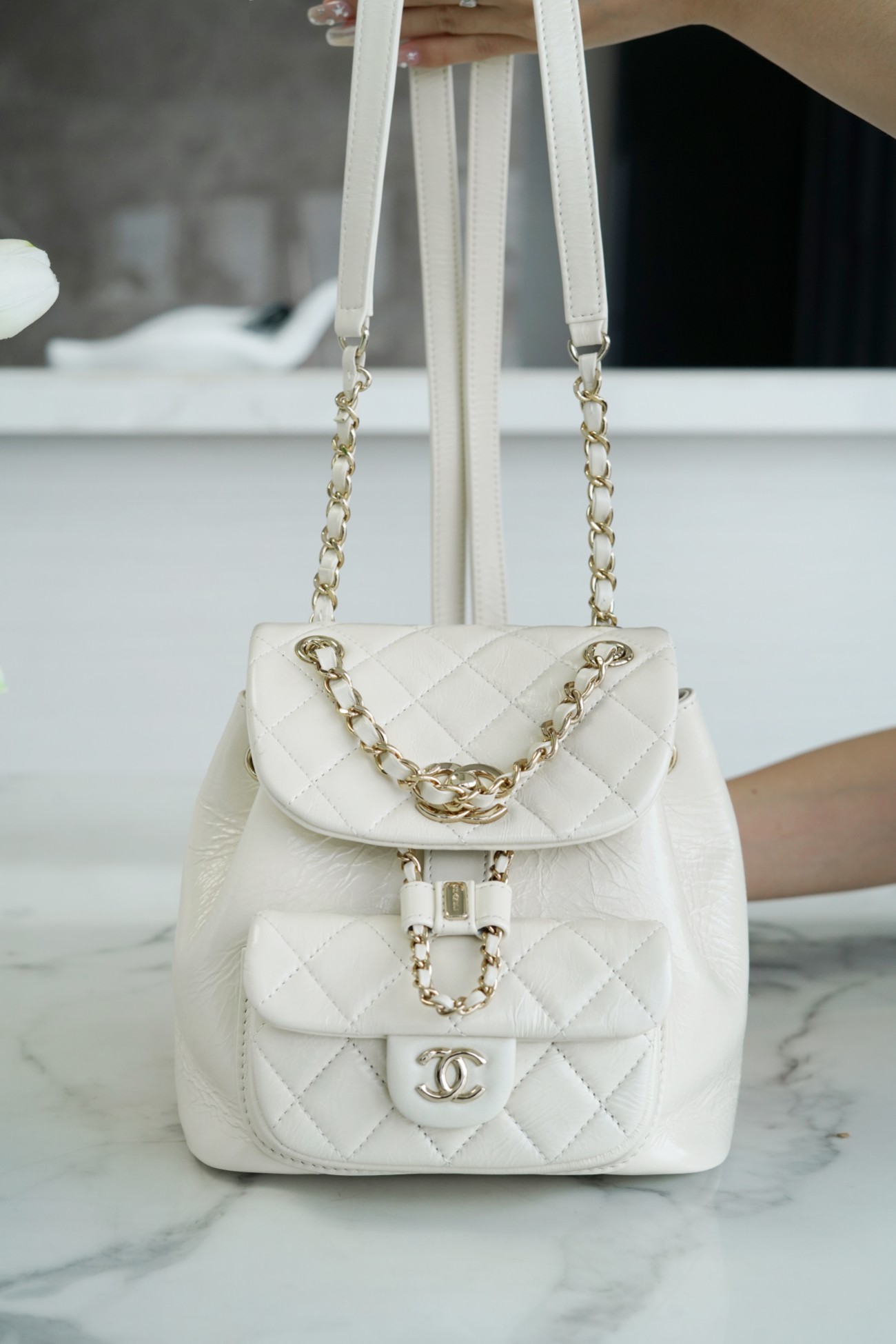 Chanel 22C Duma Backpack, Milk White, Waxed Leather  