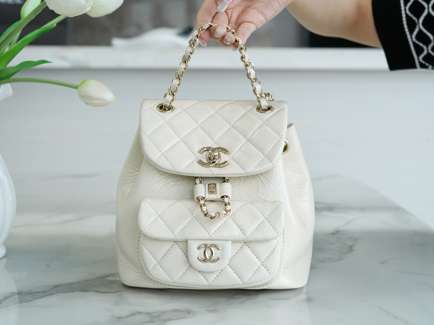 Chanel 22C Duma Backpack, Milk White, Waxed Leather  