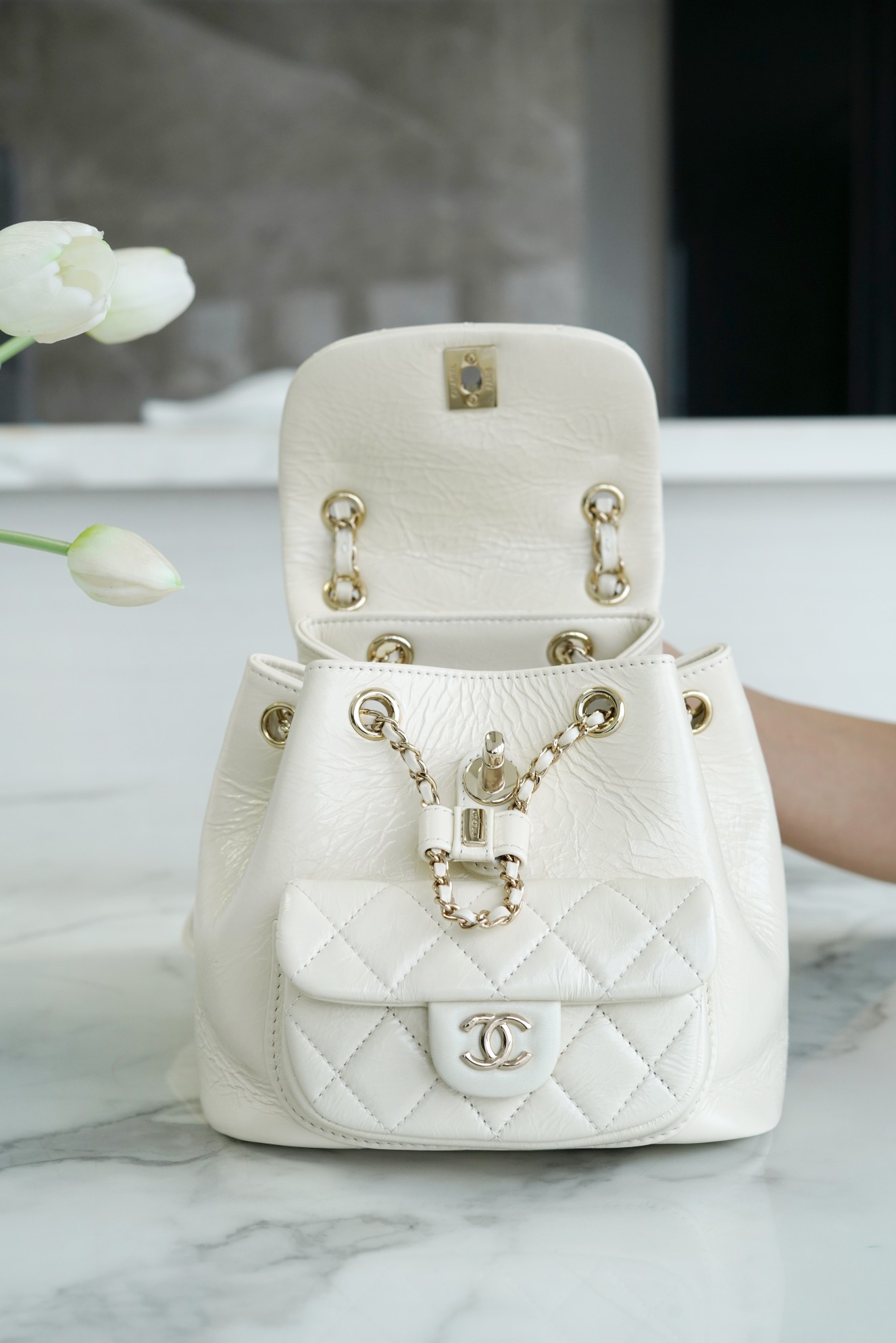 Chanel 22C Duma Backpack, Milk White, Waxed Leather  