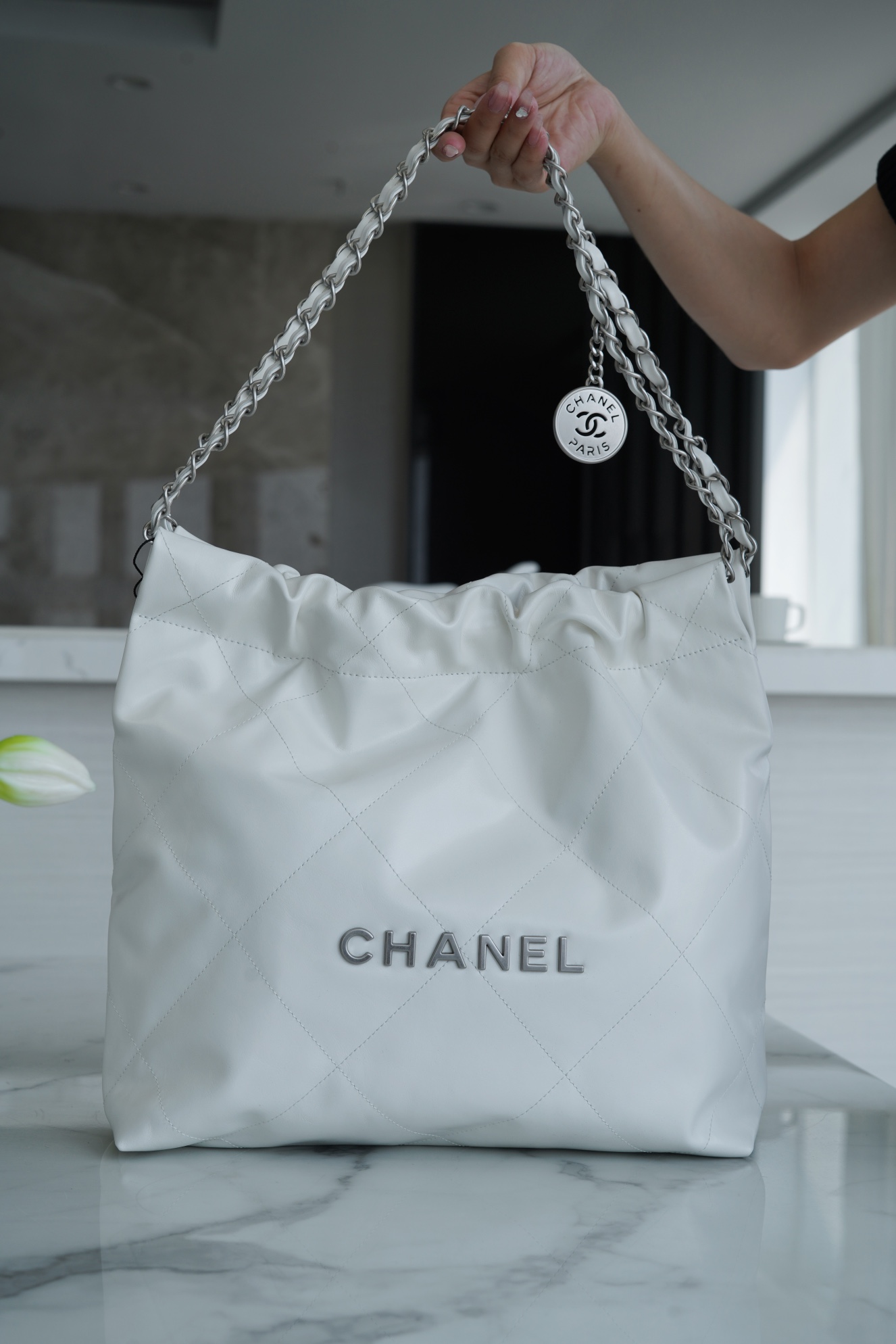 Chanel 22P Handbag, Small Size, White with Silver Hardware  