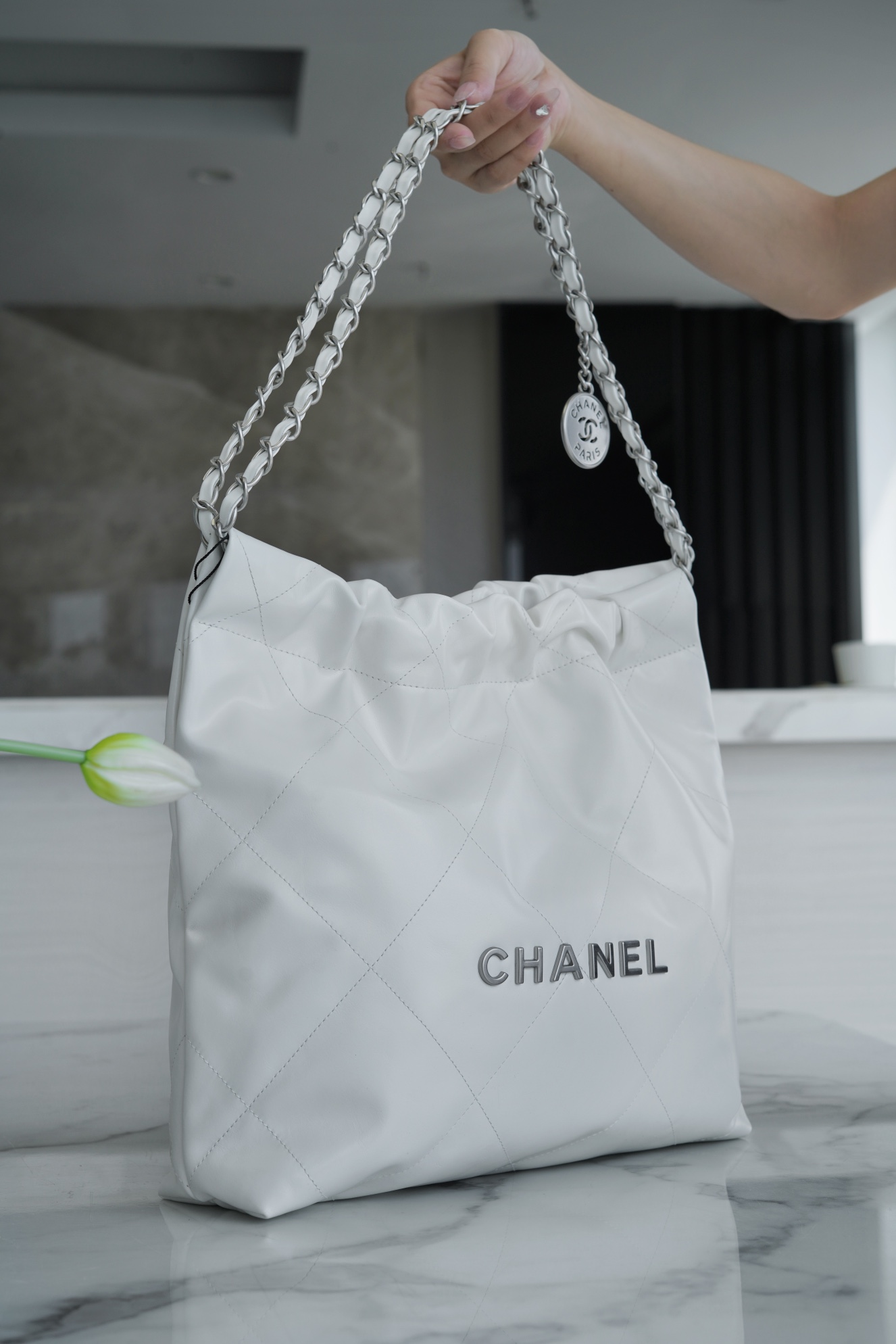 Chanel 22P Handbag, Small Size, White with Silver Hardware  