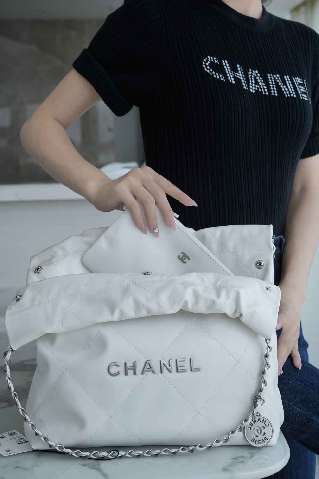 Chanel 22P Handbag, Small Size, White with Silver Hardware  