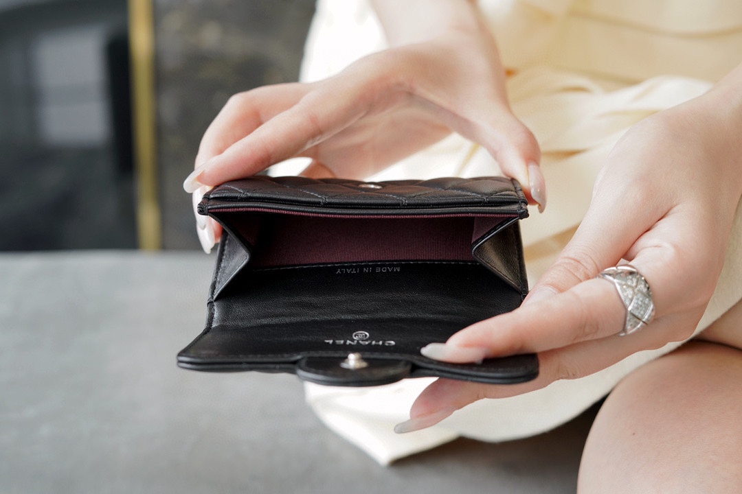 Classic Flap Card Holder, Black with Silver Hardware, Lambskin  