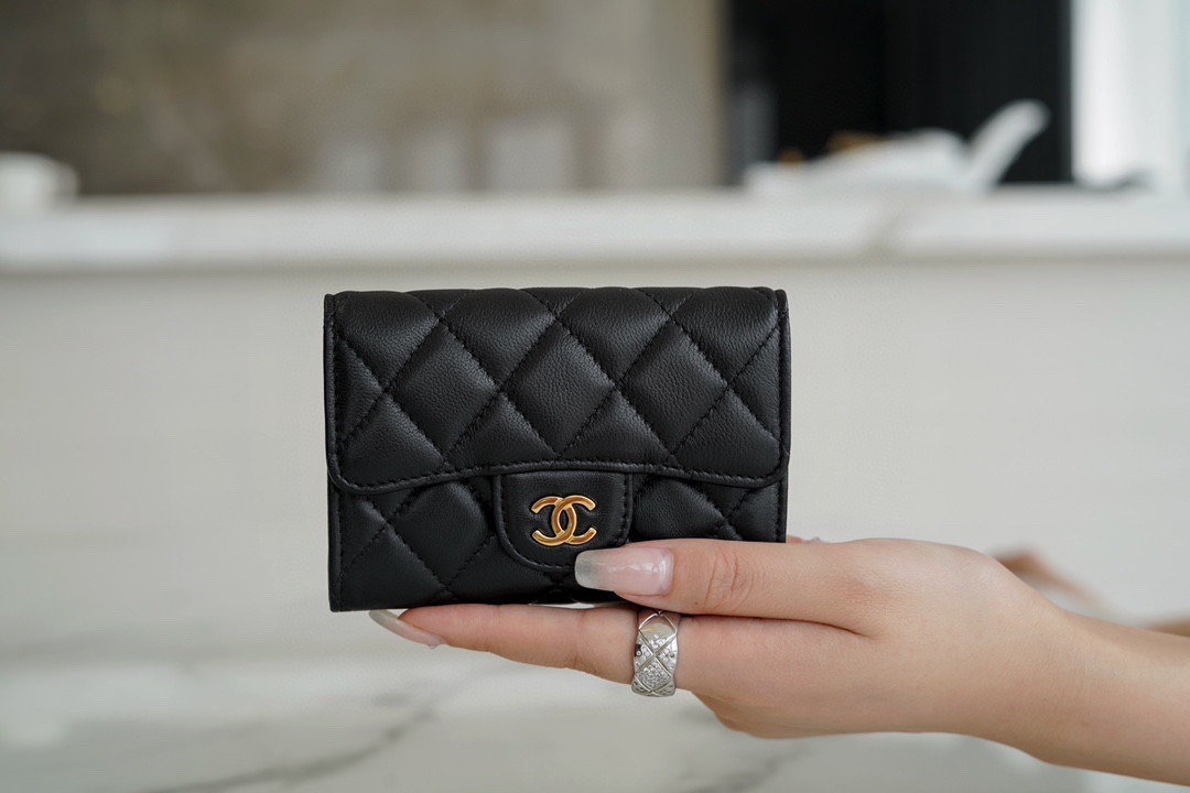 Classic Flap Card Holder, Black with Gold Hardware, Lambskin  