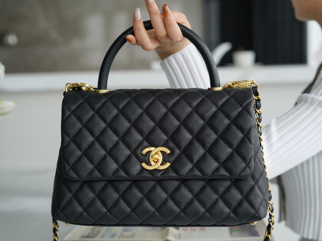 Chanel Coco Handle, Black with Leather Handle, Medium Size  