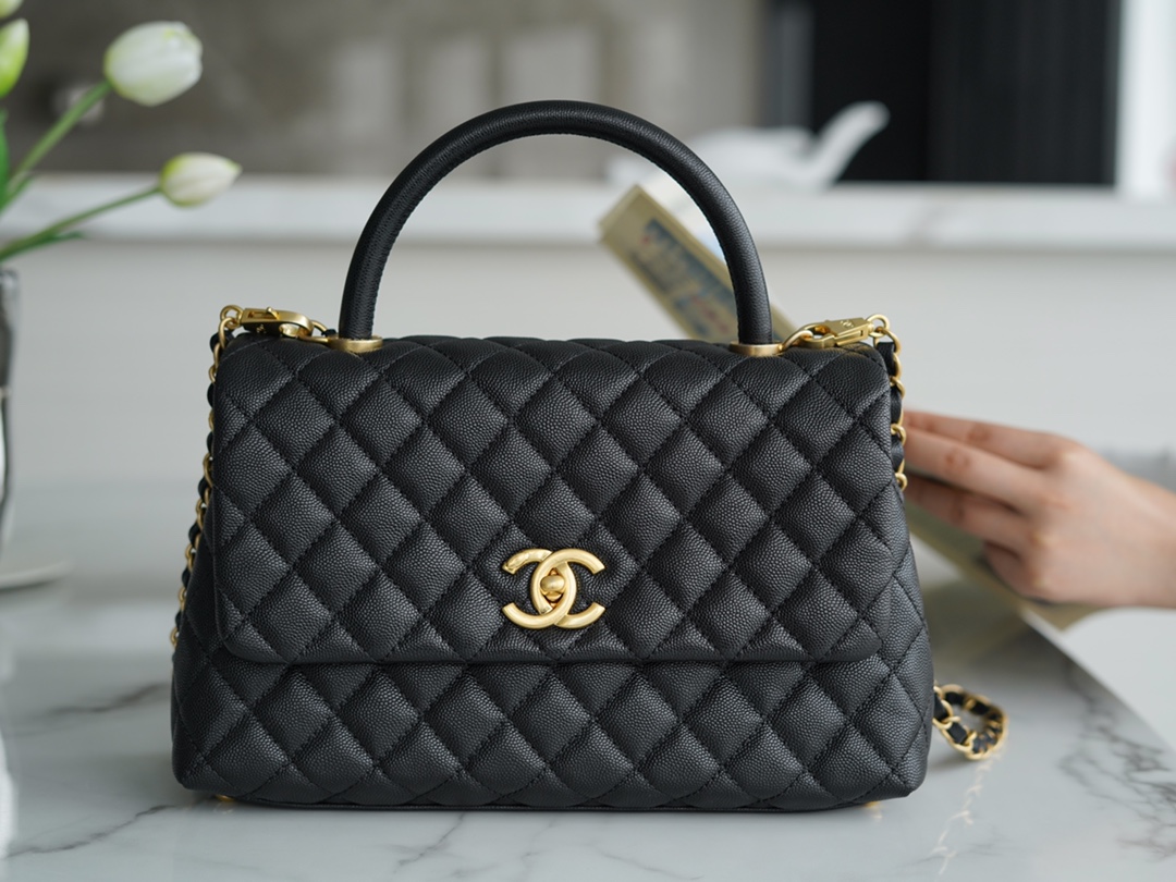 Chanel Coco Handle, Black with Leather Handle, Medium Size  