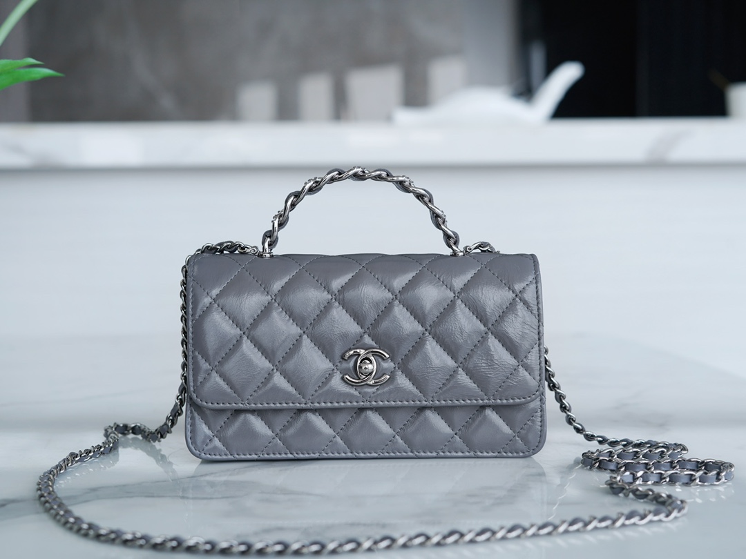 Chanel 23K New Crystal Handle Accordion, Dark Grey, Leather  