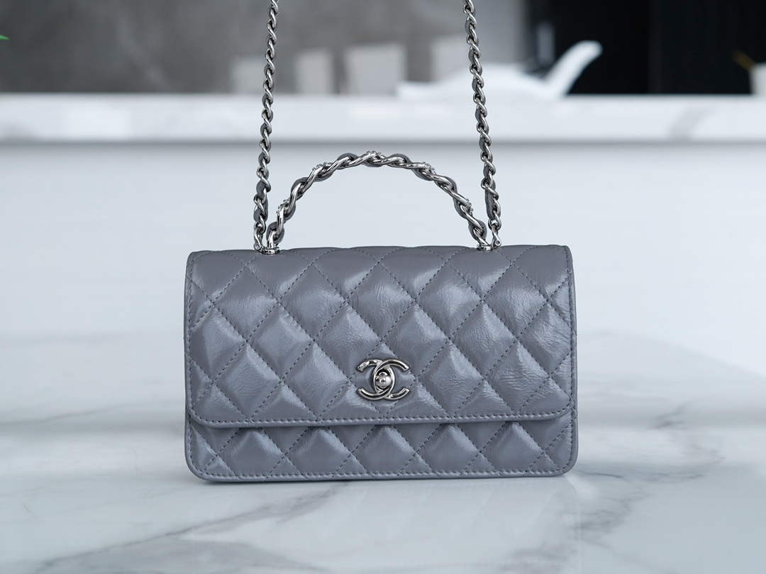 Chanel 23K New Crystal Handle Accordion, Dark Grey, Leather  