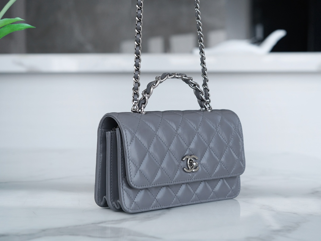 Chanel 23K New Crystal Handle Accordion, Dark Grey, Leather  