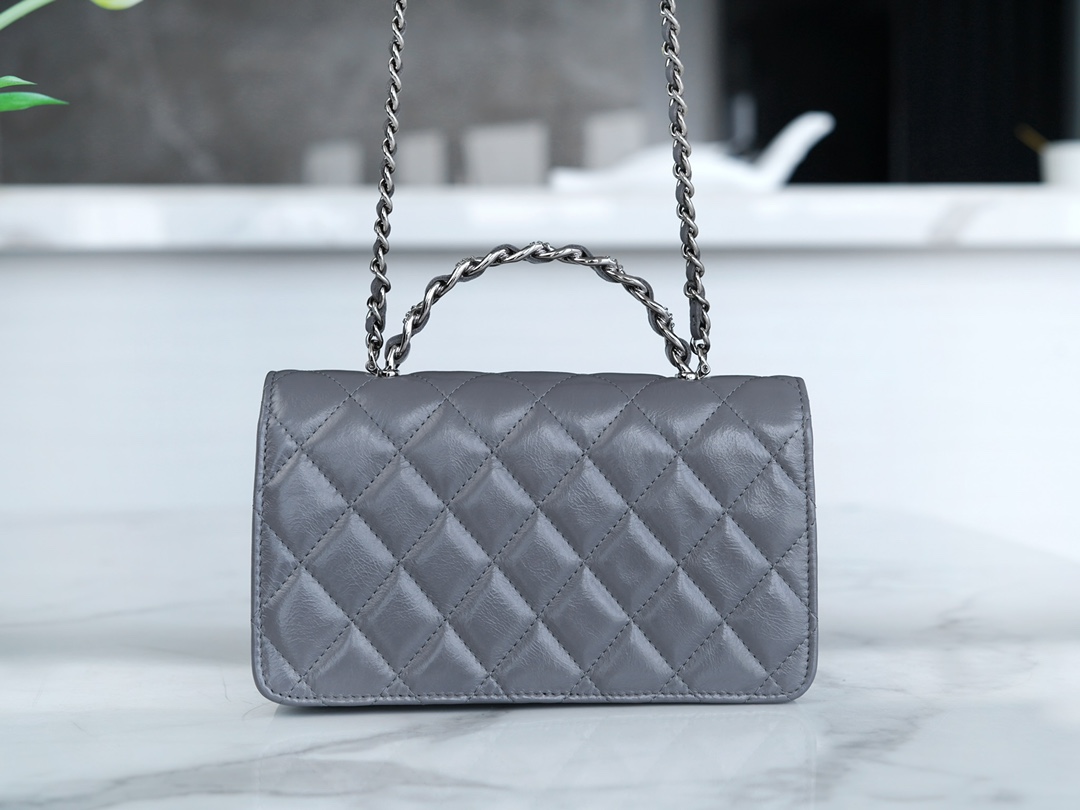 Chanel 23K New Crystal Handle Accordion, Dark Grey, Leather  