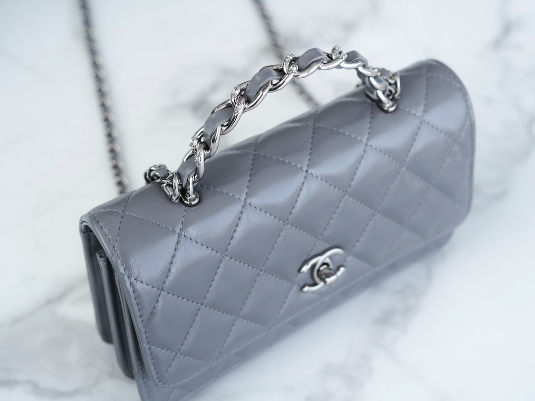 Chanel 23K New Crystal Handle Accordion, Dark Grey, Leather  