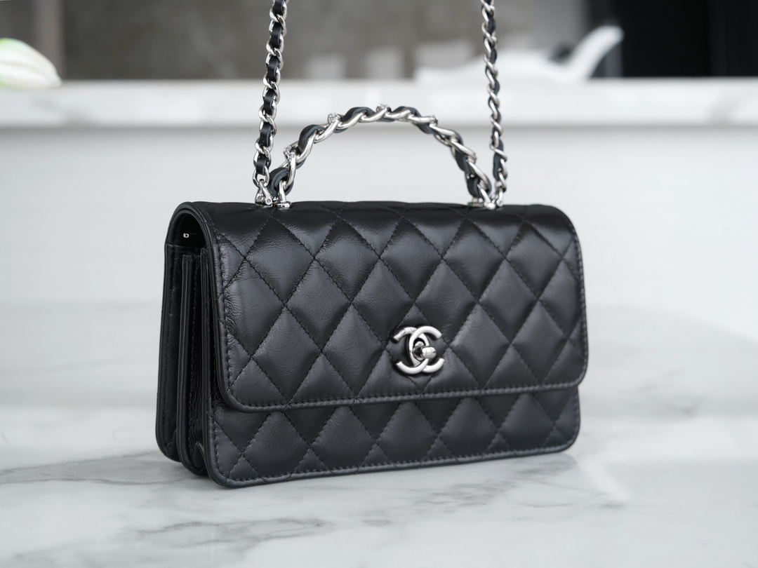 Chanel 23K New Crystal Handle Accordion, Black, Leather  