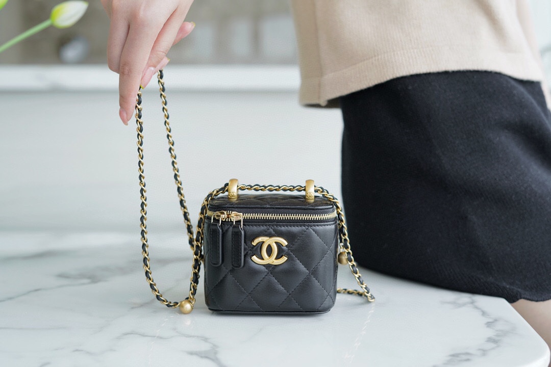 Chanel 2021 Double Gold Ball Mini Box Bag, Black  