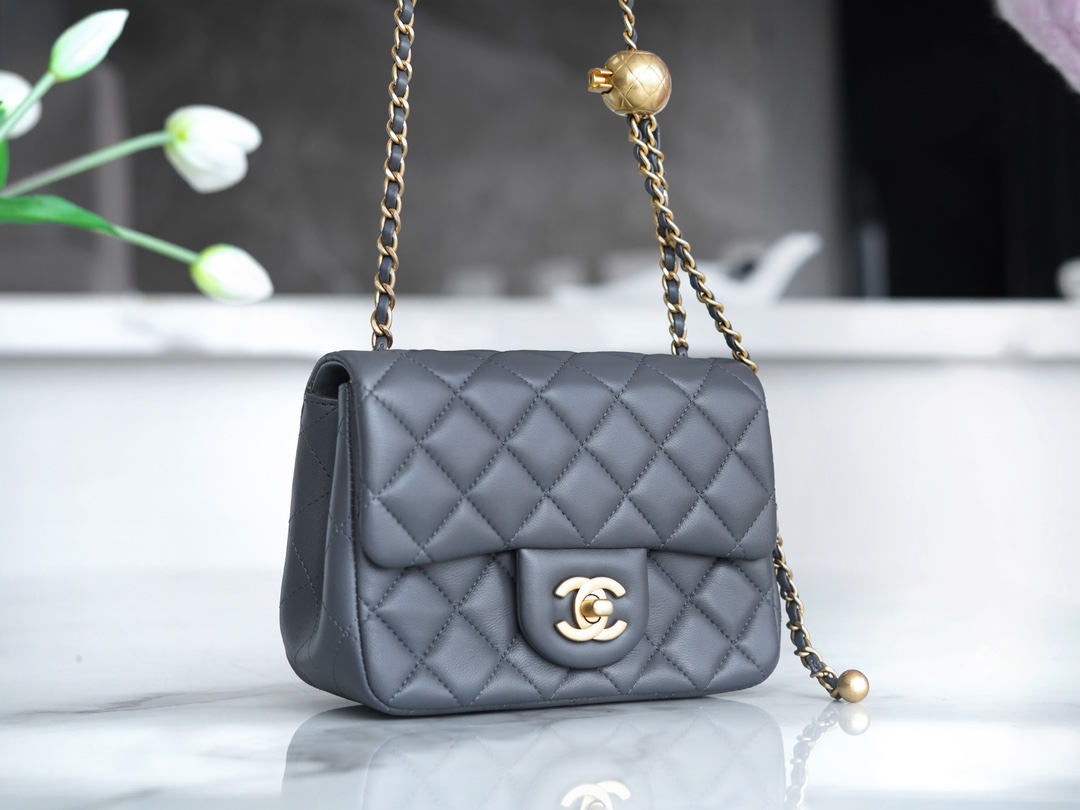 Chanel 23K Metal Ball Boy Bag, Dark Gray, Gold Metal Balls  