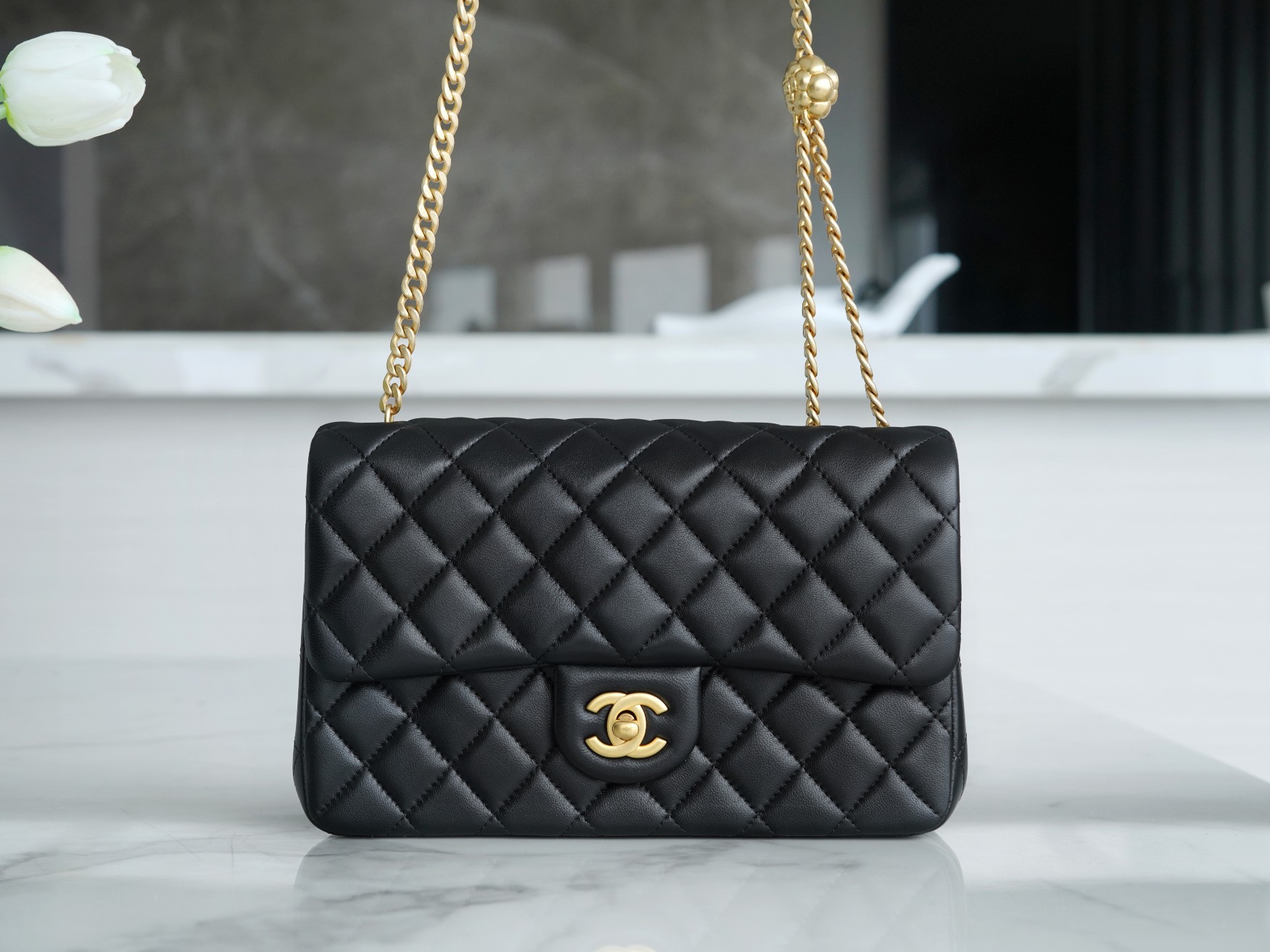 Chanel 23S Camellia Adjustable CF Mini, Black Gold, Lambskin  