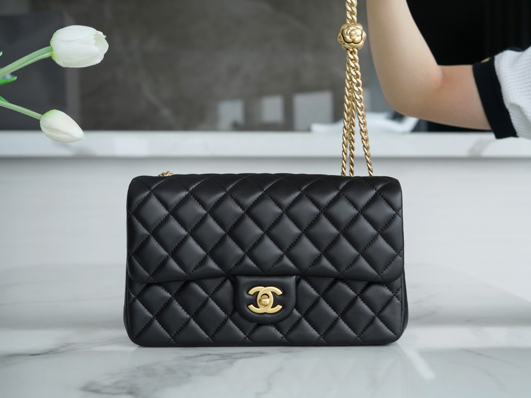 Chanel 23S Camellia Adjustable CF Mini, Black Gold, Lambskin  