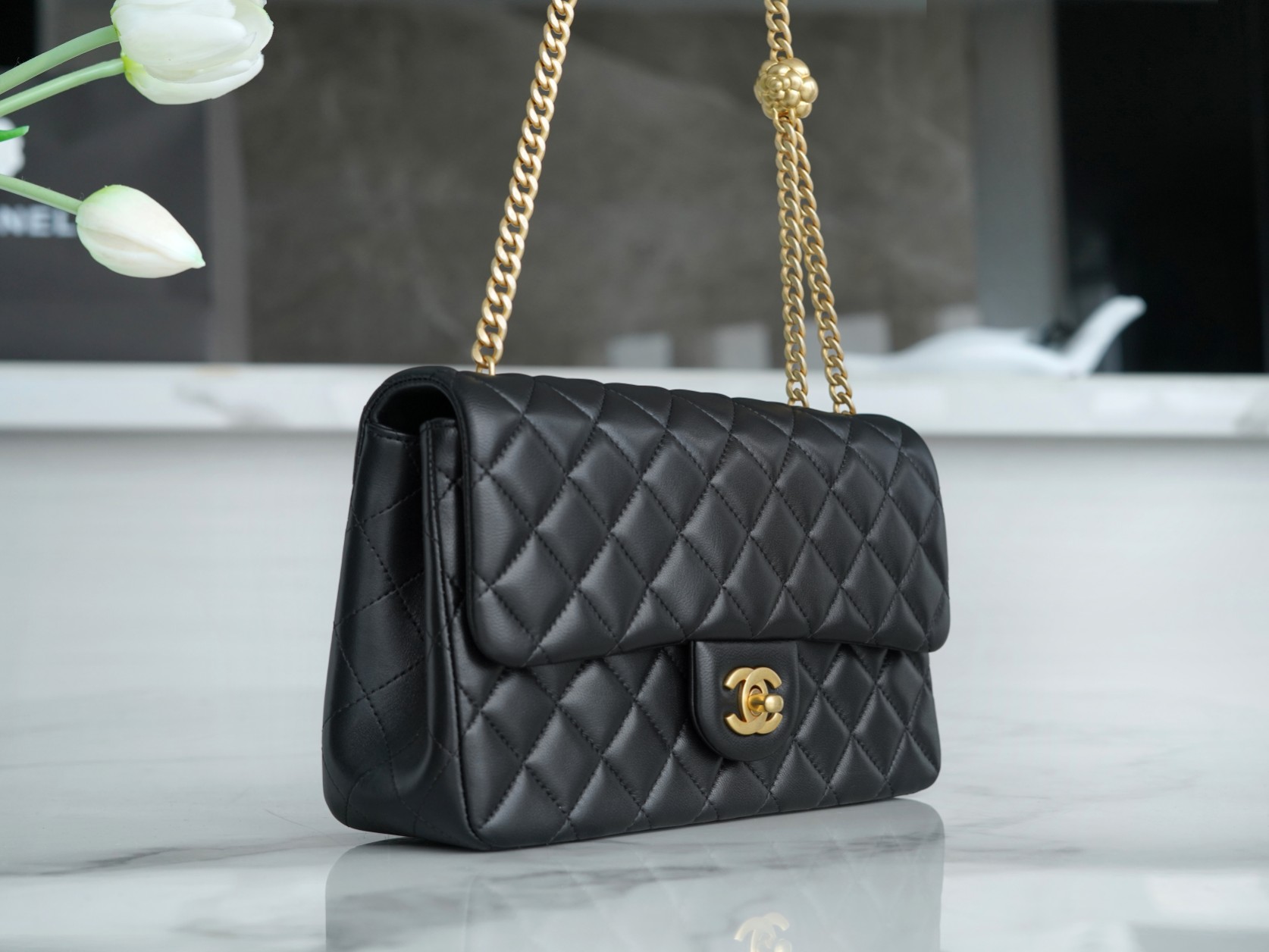 Chanel 23S Camellia Adjustable CF Mini, Black Gold, Lambskin  