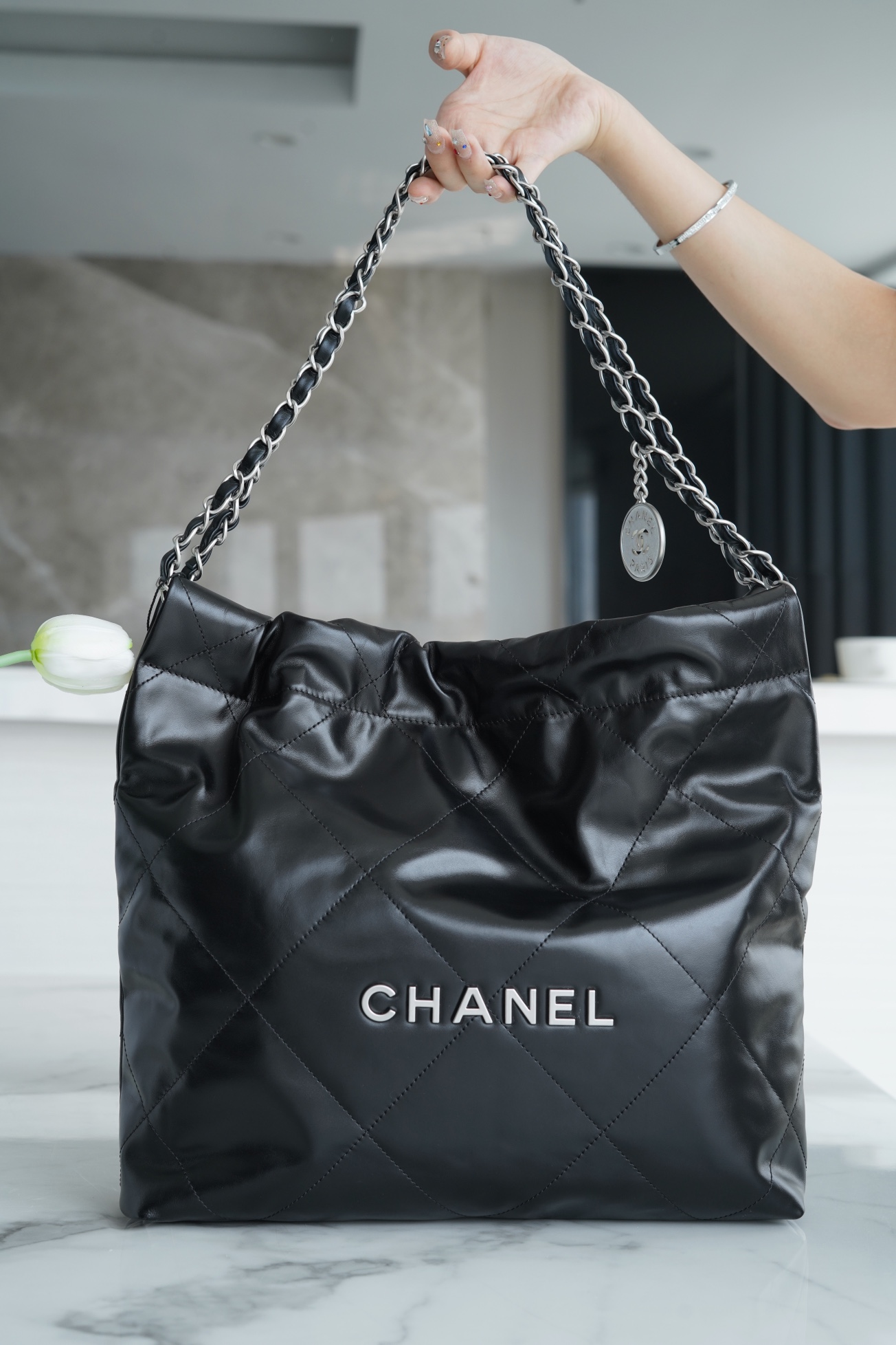 Chanel 22P Bag, Small, Black with Silver Hardware  