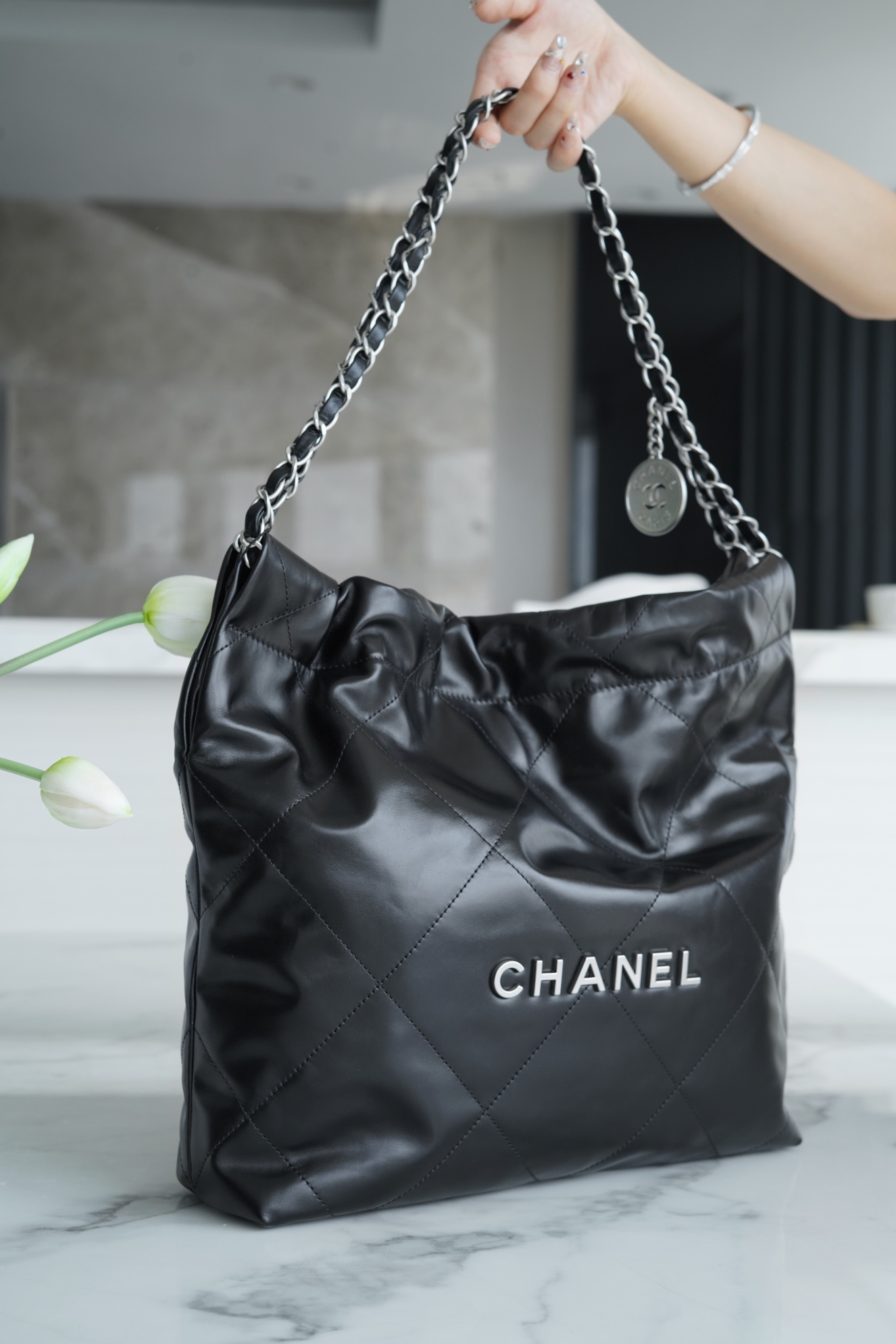 Chanel 22P Bag, Small, Black with Silver Hardware  