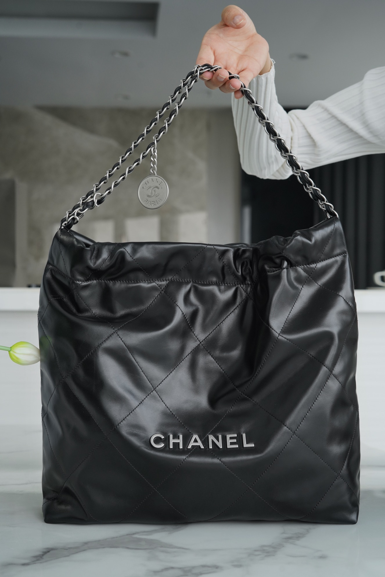 Chanel 22P Bag, Black with Silver Hardware, Medium  