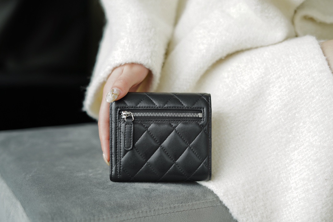 Classic Flap Tri-fold Wallet, Black Silver, Lambskin  