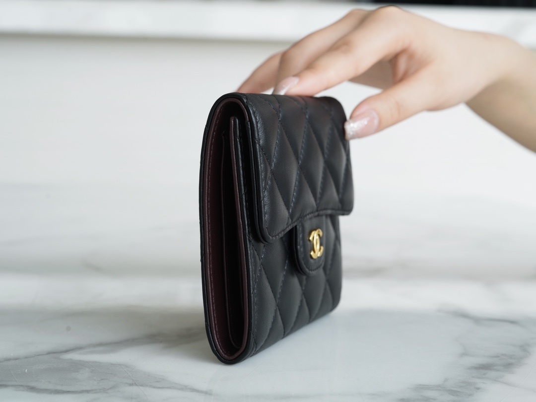 Classic Flap Tri-fold Wallet, Black Gold, Lambskin  