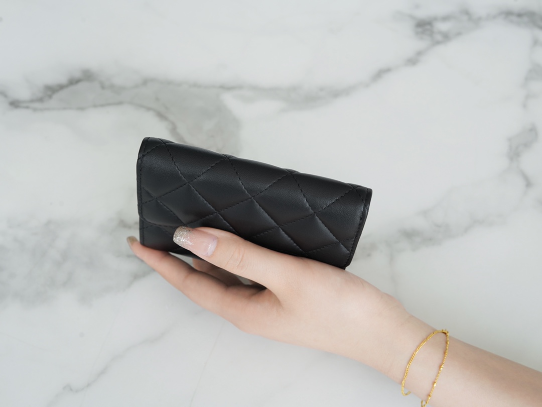 Classic Flap Tri-fold Wallet, Black Gold, Lambskin  