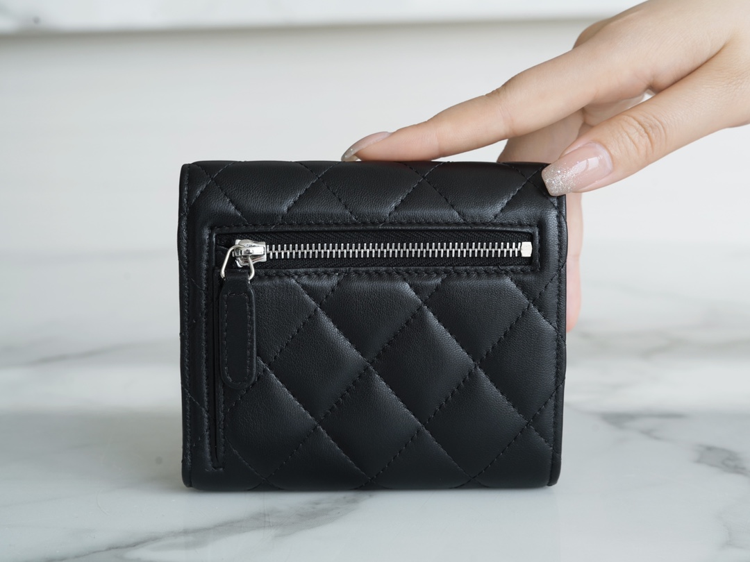 Classic Flap Tri-fold Wallet, Black Silver, Lambskin  