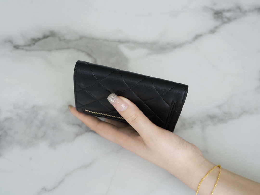 Classic Flap Tri-fold Wallet, Black Silver, Lambskin  