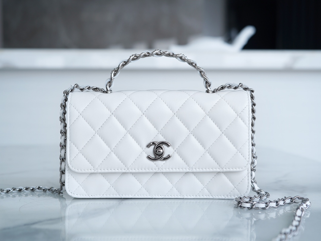 Chanel 23K Water Diamond Handle Accordion WOC, White, Leather  