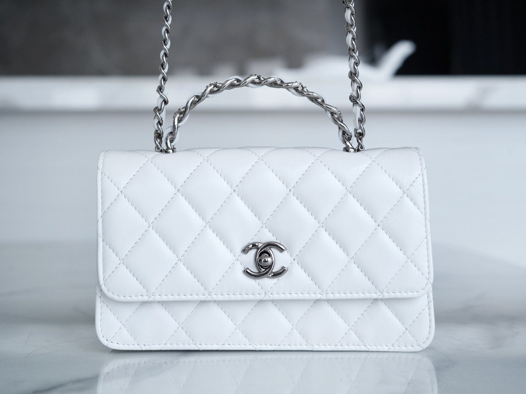 Chanel 23K Water Diamond Handle Accordion WOC, White, Leather  