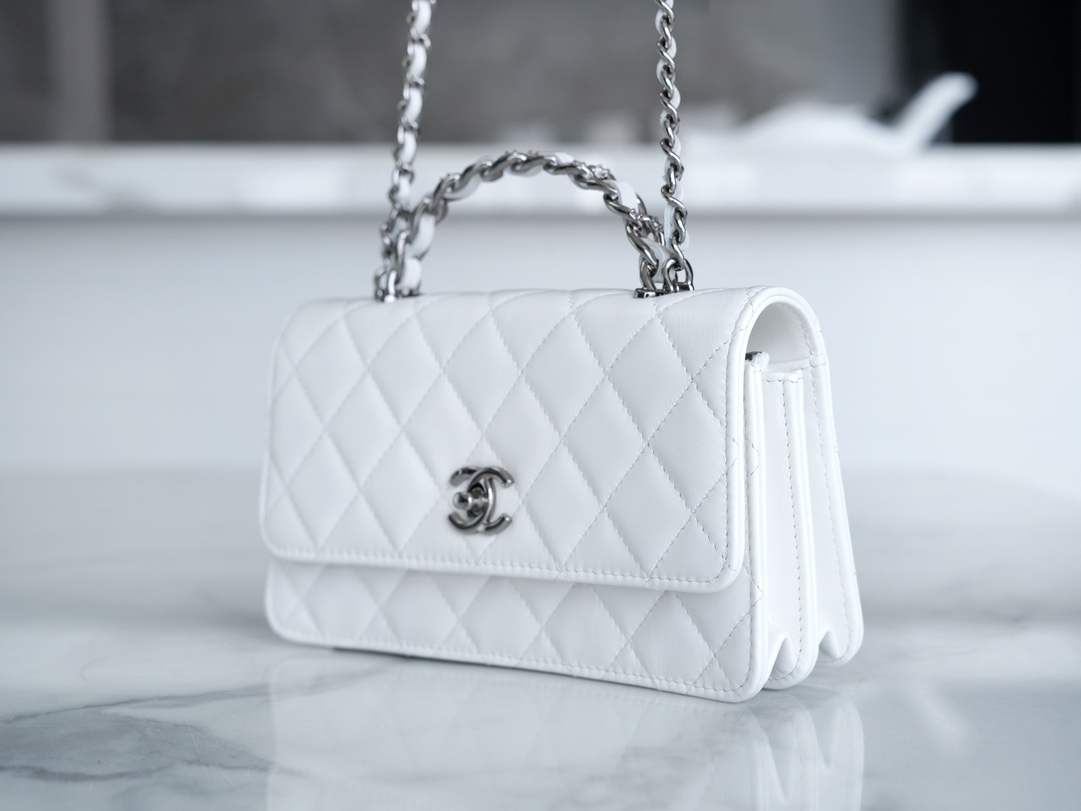 Chanel 23K Water Diamond Handle Accordion WOC, White, Leather  