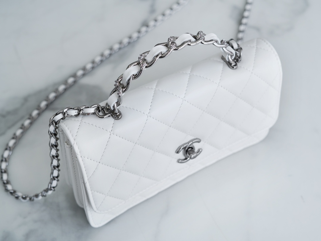 Chanel 23K Water Diamond Handle Accordion WOC, White, Leather  