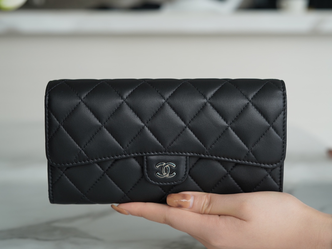 Classic Flap Long Wallet, Black Silver, Lambskin  