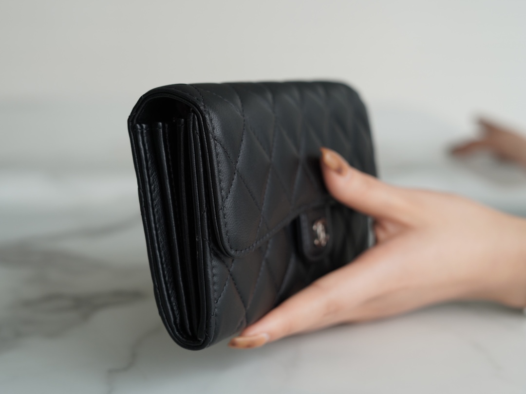 Classic Flap Long Wallet, Black Silver, Lambskin  